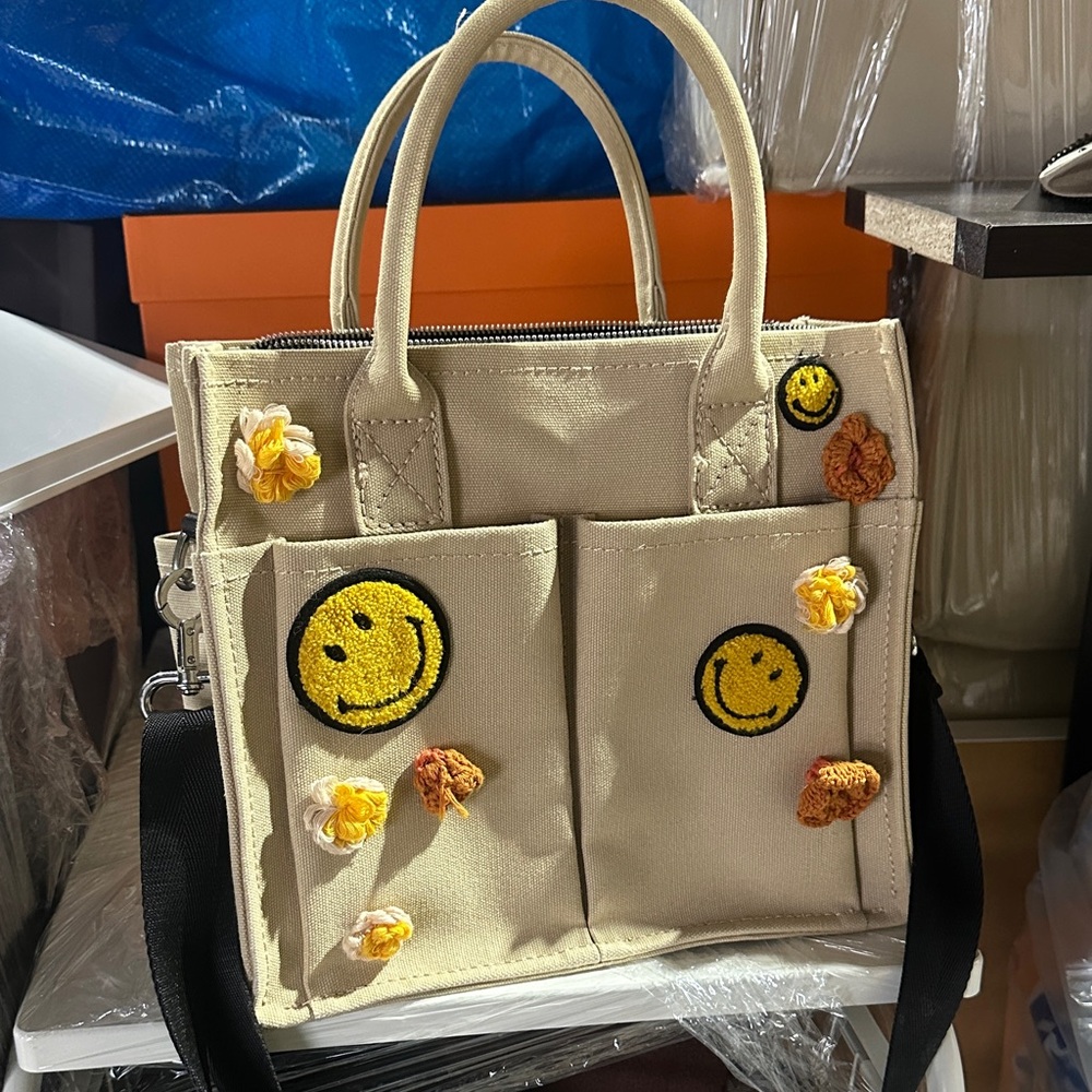 Smiley Face Canvas Tote Bag - Zara